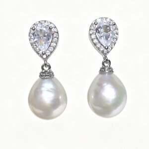 Large Teardrop Baroque Pearl Earrings with CZ Accent, 10mm