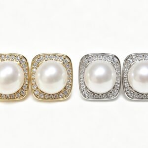 8mm Pearl Stud Earrings with Square Cubic Zirconia