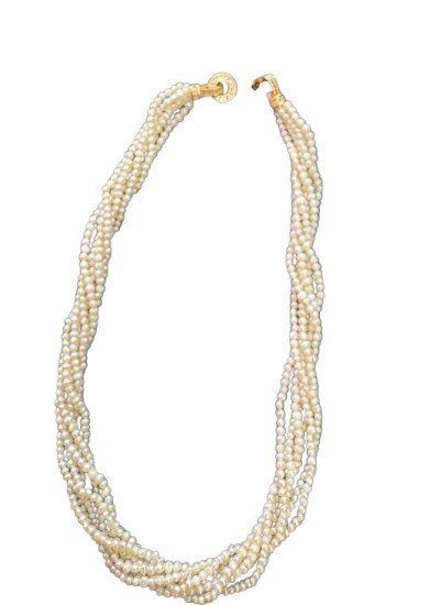 A multi-strand twisted freshwater pearl necklace with gold clasp, elegant classic design on white background