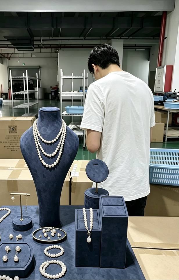 Our designer inspecting pearl jewelry pieces at the workbench