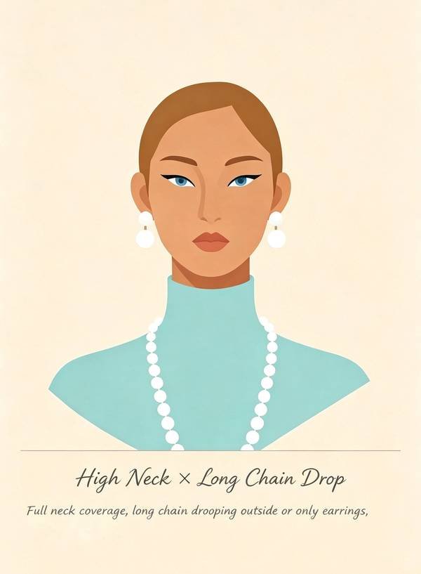 High neck turtleneck with long pearl chain