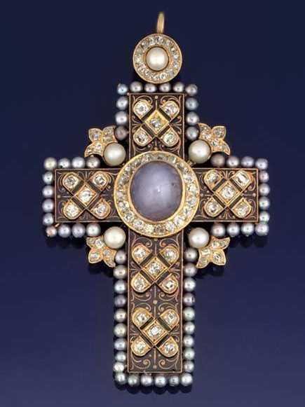 Late 19th Century Star Sapphire, Diamond and Pearl Pectoral Cross Pendant